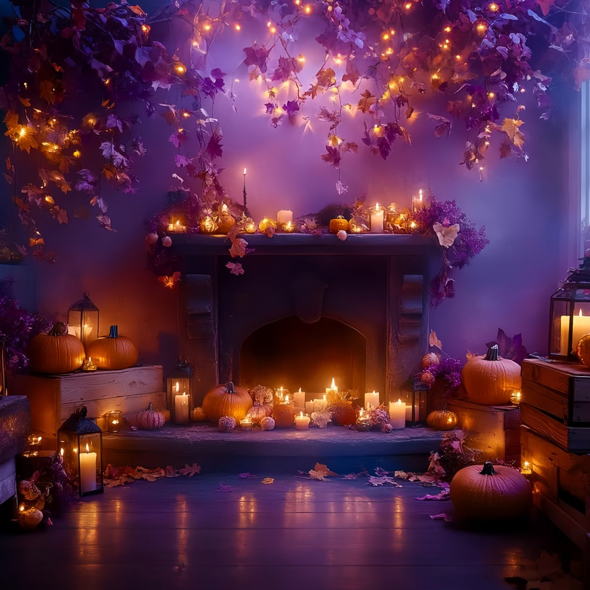Fond Studio Halloween Cheminée Feuilles D’Automne Lueur Bougies CSH58-64