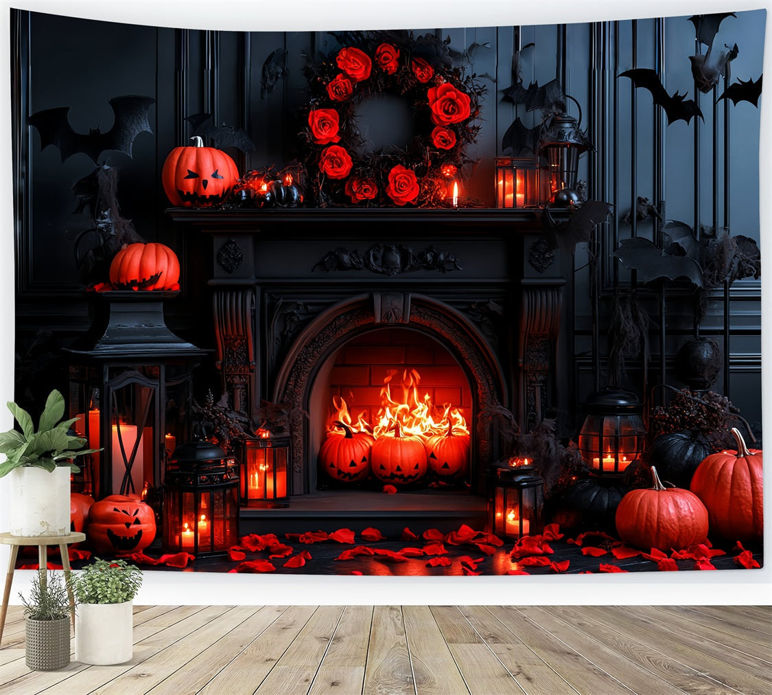 Fond De Photo Halloween Chauve-Souris Citrouille Cheminée CSH58-65