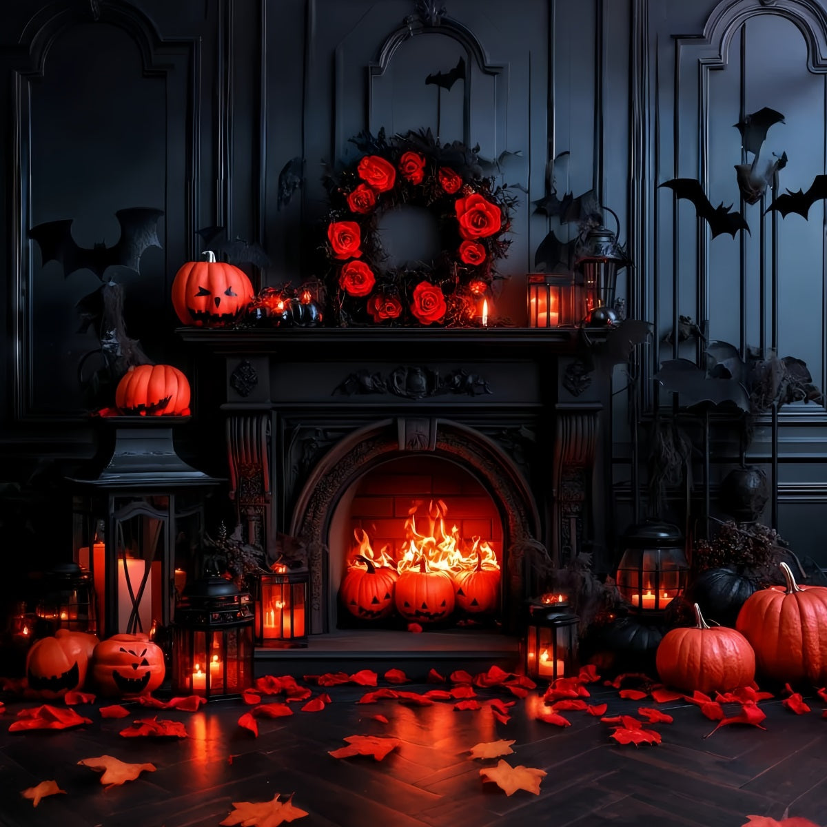 Fond De Photo Halloween Chauve-Souris Citrouille Cheminée CSH58-65