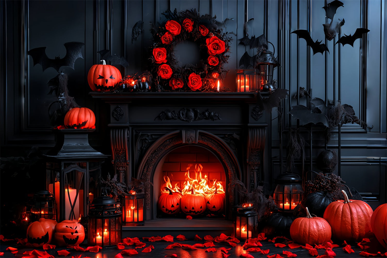 Fond De Photo Halloween Chauve-Souris Citrouille Cheminée CSH58-65