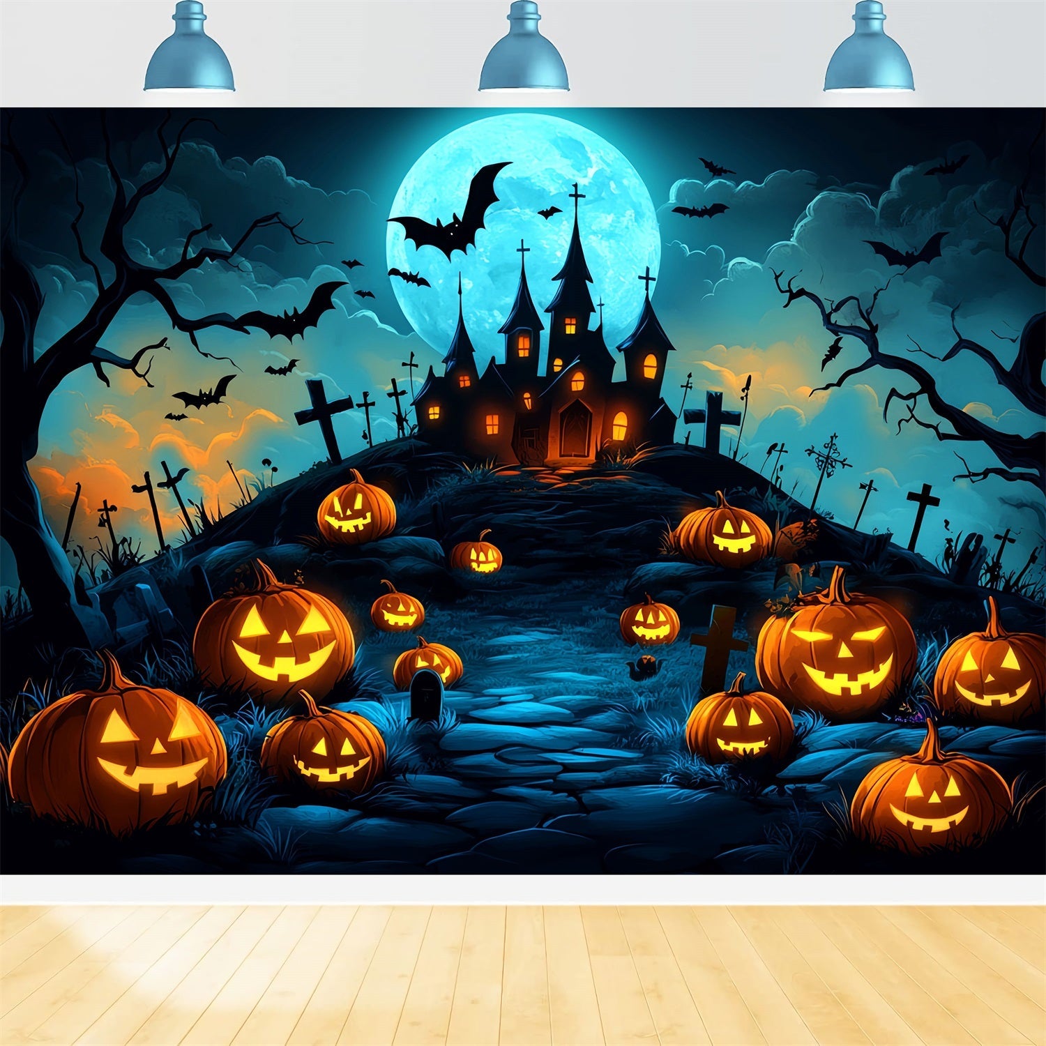 Fond Studio Halloween Colline Citrouilles Château Hanté Idées CSH58-70