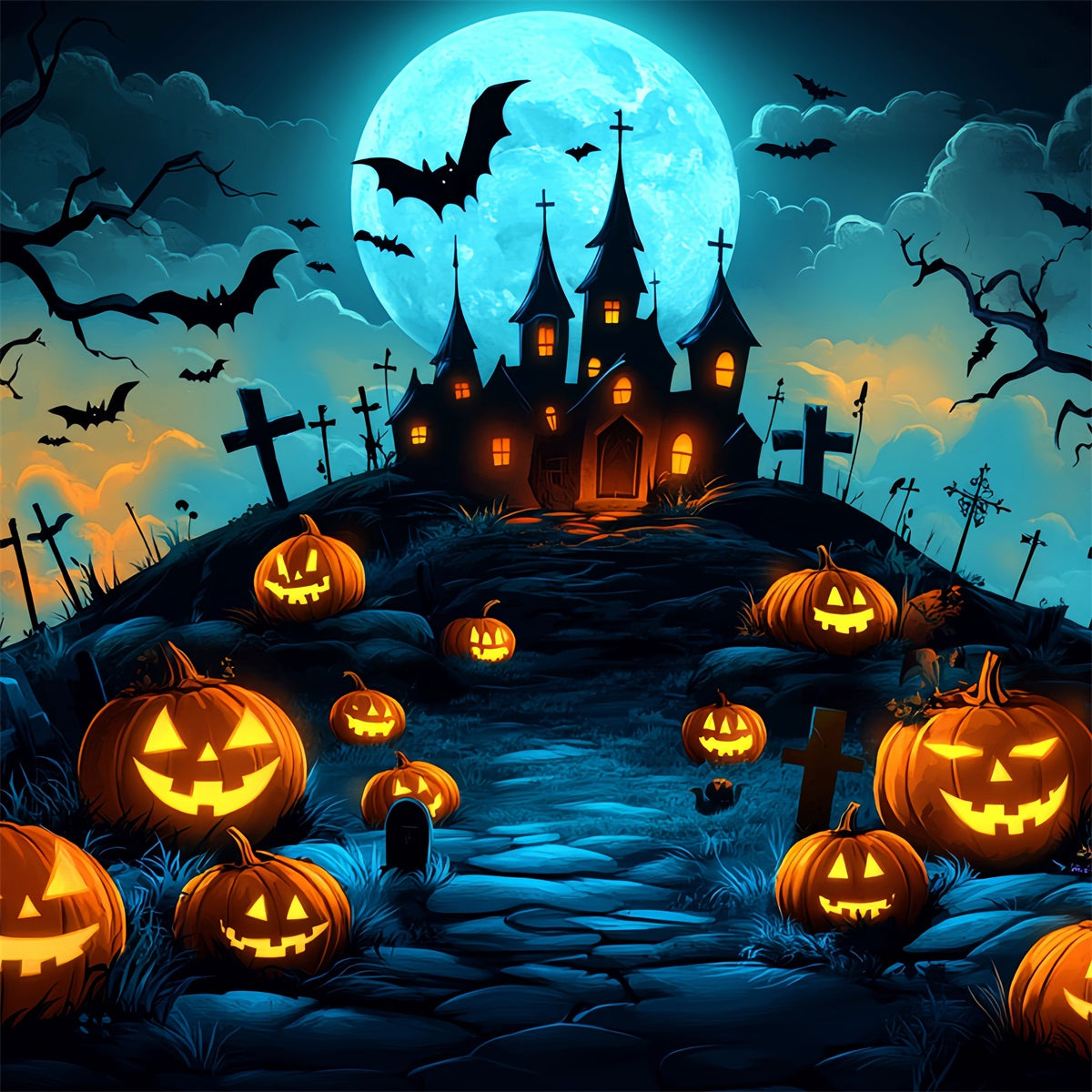 Fond Studio Halloween Colline Citrouilles Château Hanté Idées CSH58-70