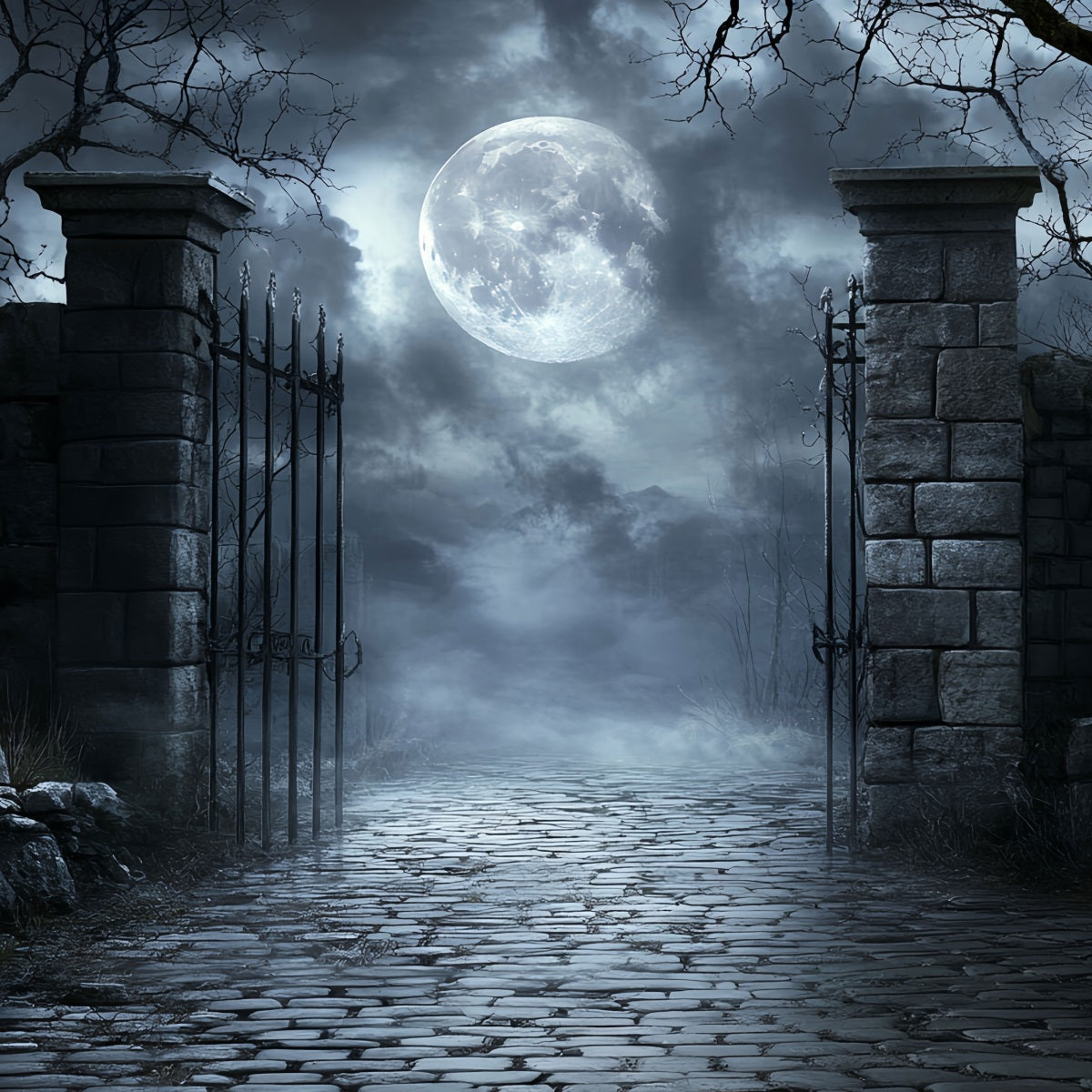 Fond De Photo Halloween Cimetière Clair De Lune Grille En Fer Cabine Photo CSH58-71
