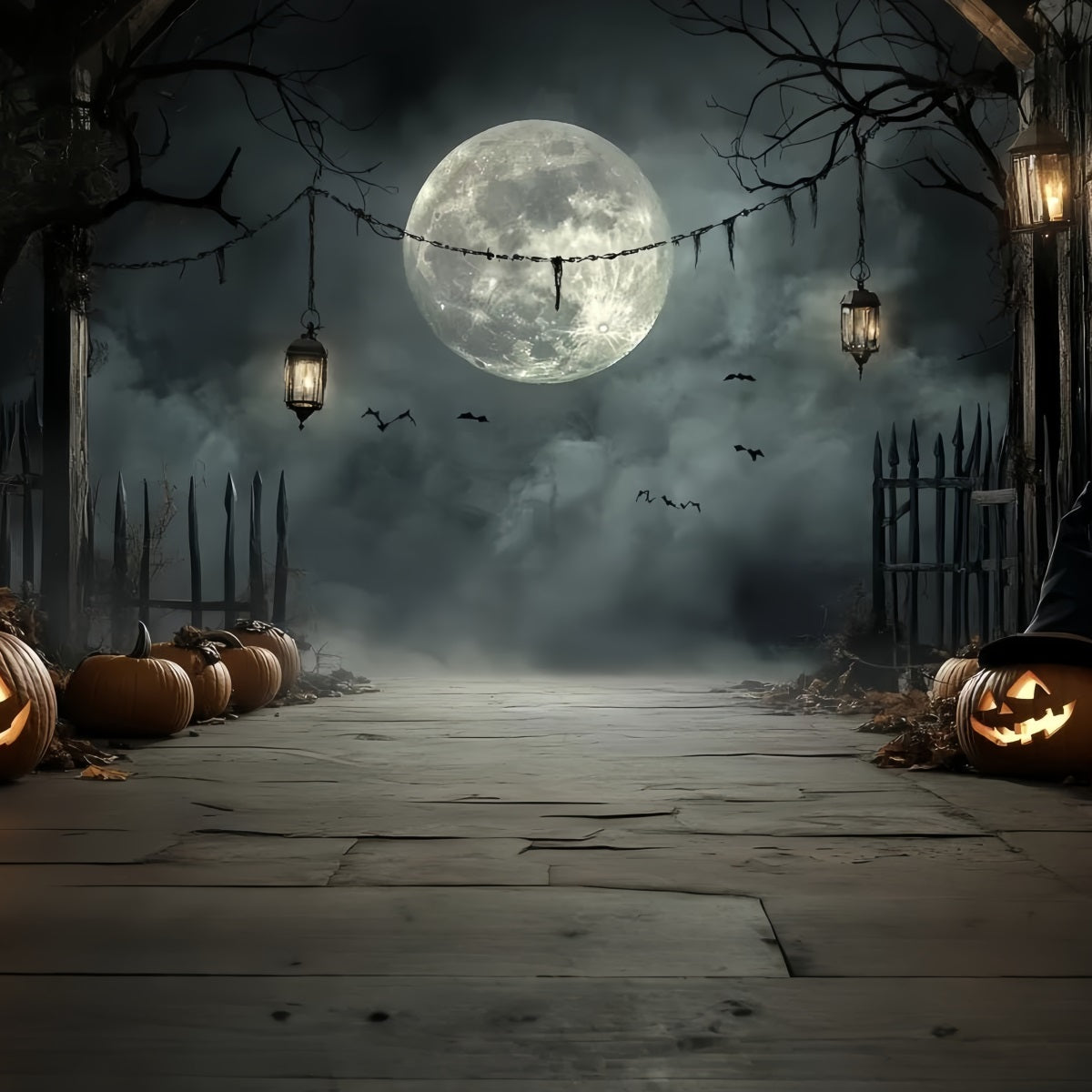 Toile Photo Halloween Lanterne Citrouille Allée Clair De Lune Idées CSH58-72