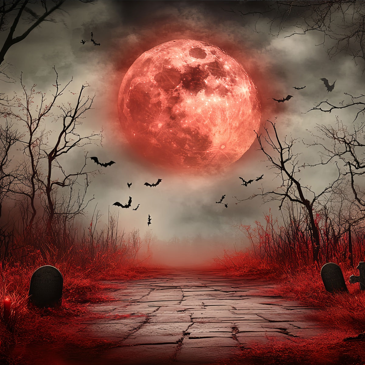 Fond Photo Halloween Lune Sanglante Cimetière Hanté CSH58-73