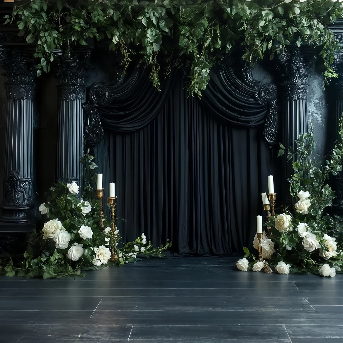 Fond De Photo Halloween Piliers Noirs Roses Bougies CSH58-77