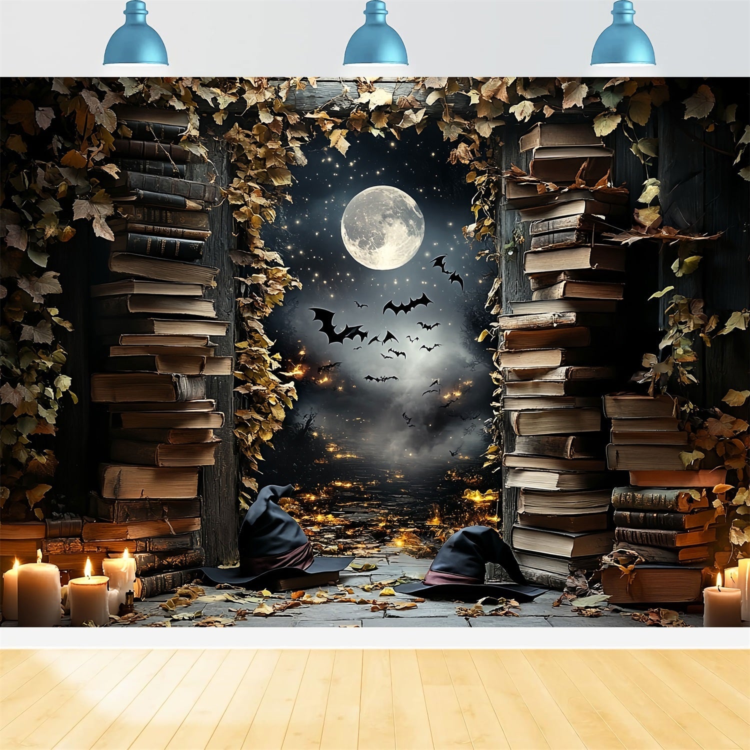 Toile Photo Halloween Bibliothèque Sorcière Chauves-Souris Clair De Lune Idées CSH58-84