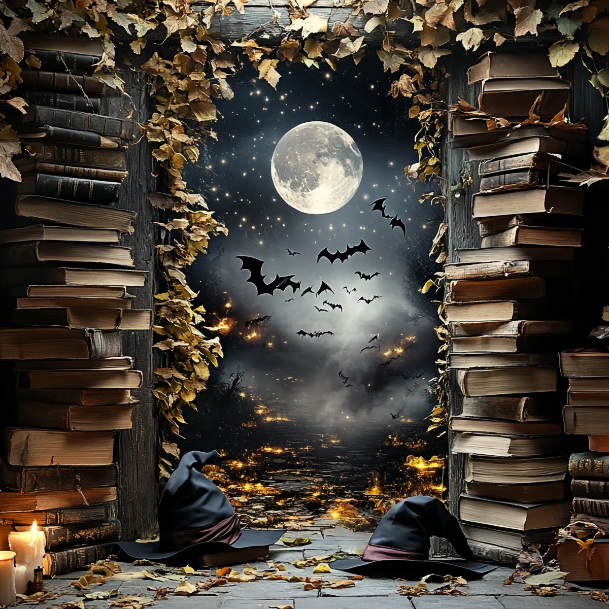 Toile Photo Halloween Bibliothèque Sorcière Chauves-Souris Clair De Lune Idées CSH58-84