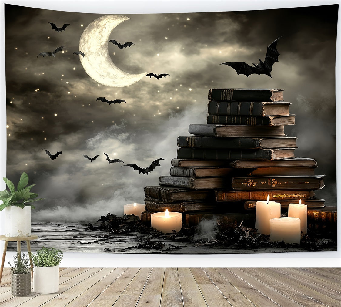 Toile De Fond Halloween Lune Croissante Chauves-Souris Livres Bougies CSH58-86