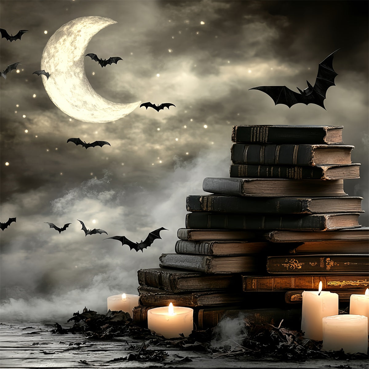 Toile De Fond Halloween Lune Croissante Chauves-Souris Livres Bougies CSH58-86