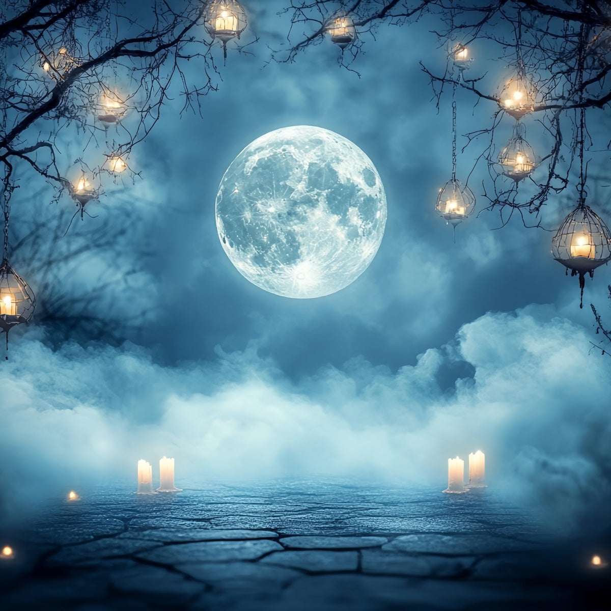 Toile Halloween Pleine Lune Brume Lanternes Bougies CSH58-87