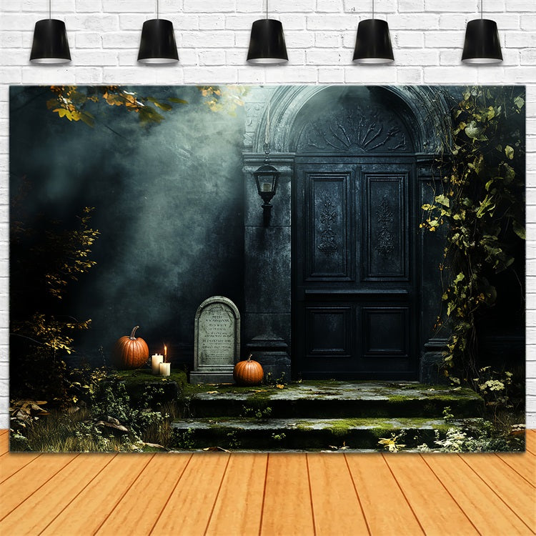 Fond Studio Halloween Porte Hantée Citrouilles Mousse Pierre Tombale CSH58-88
