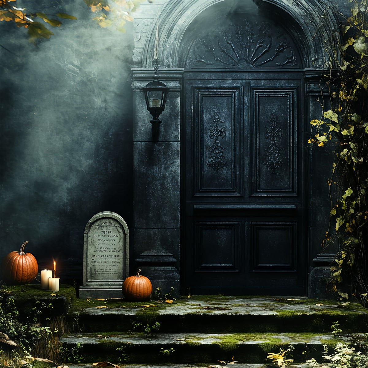 Fond Studio Halloween Porte Hantée Citrouilles Mousse Pierre Tombale CSH58-88