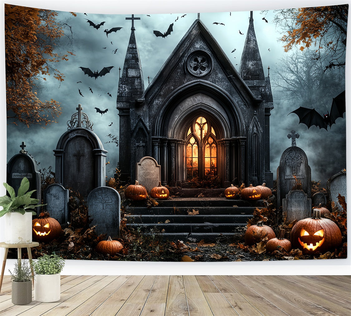 Fond De Photo Halloween Église Gothique Citrouilles Chauves-Souris Pierres Tombales CSH58-89