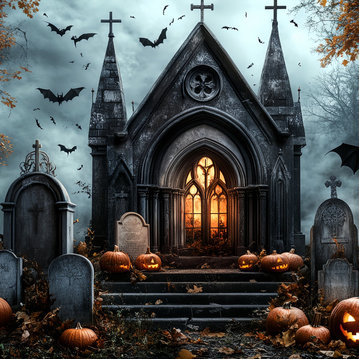 Fond De Photo Halloween Église Gothique Citrouilles Chauves-Souris Pierres Tombales CSH58-89