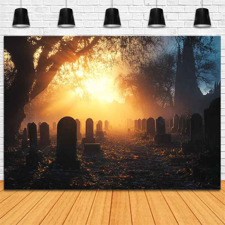 Toile De Fond Halloween Cimetière Coucher De Soleil Doré Brume CSH58-92