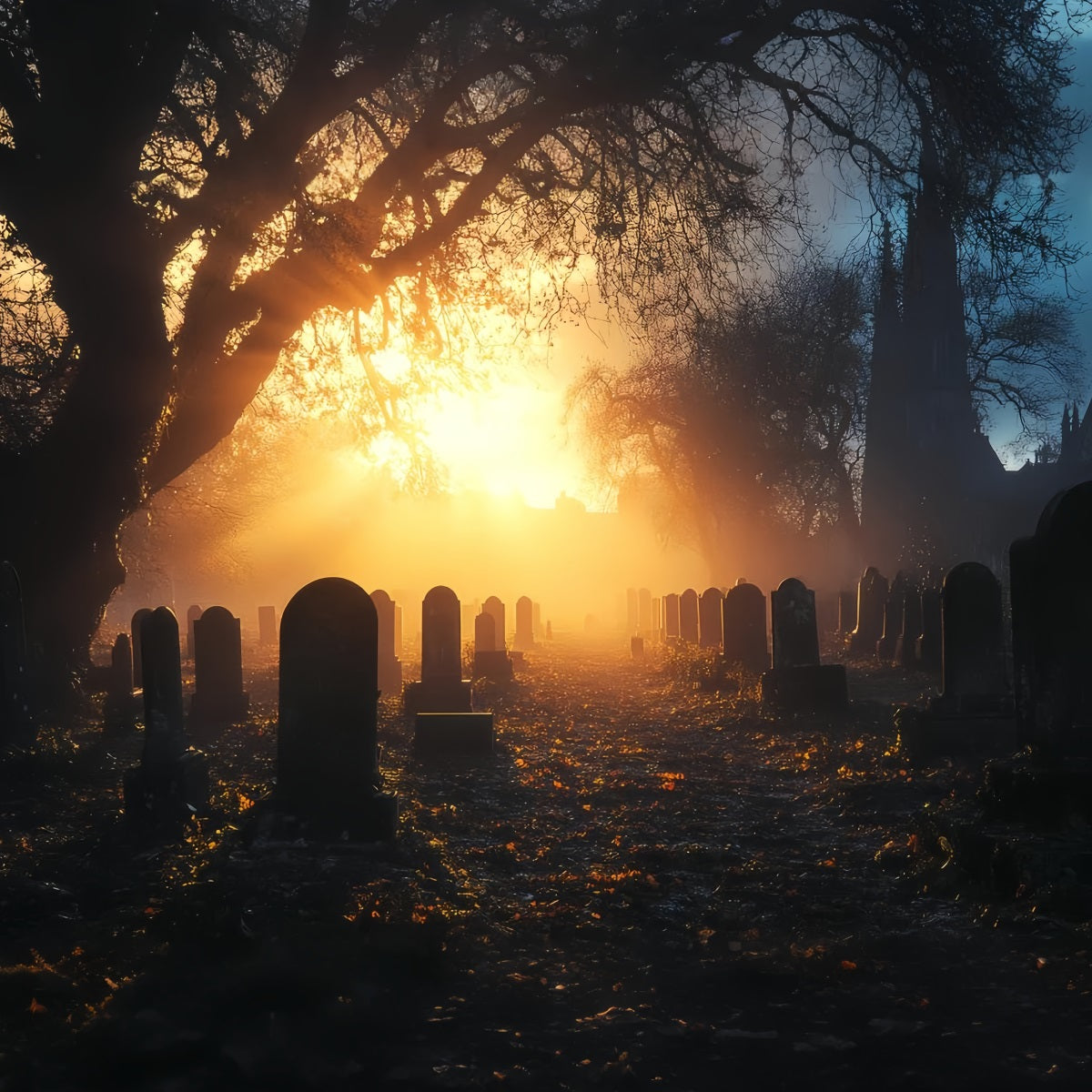 Toile De Fond Halloween Cimetière Coucher De Soleil Doré Brume CSH58-92