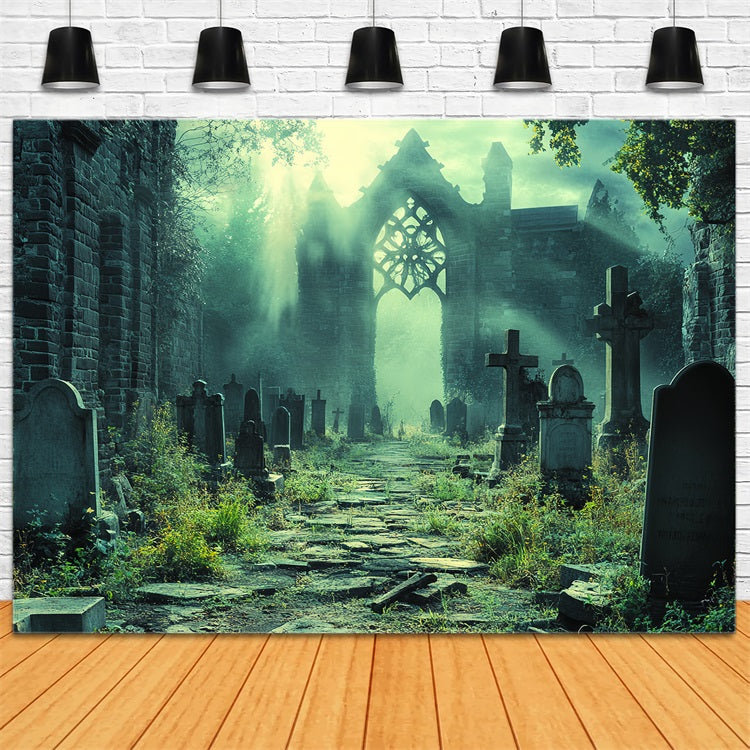 Fond De Photo Halloween Cathédrale En Ruine Ombres Cimetière CSH58-95