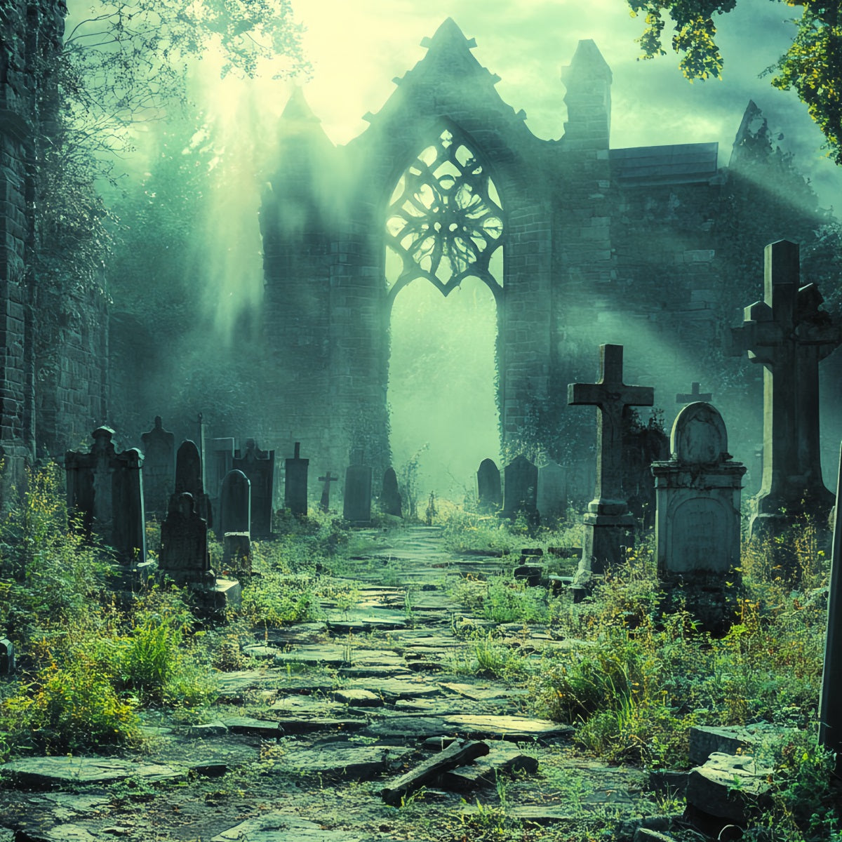Fond De Photo Halloween Cathédrale En Ruine Ombres Cimetière CSH58-95