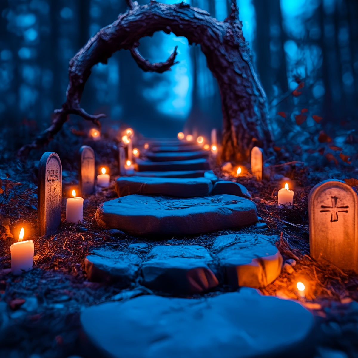 Toile Photo Halloween Tombes Illuminées Sentier Forêt CSH58-96