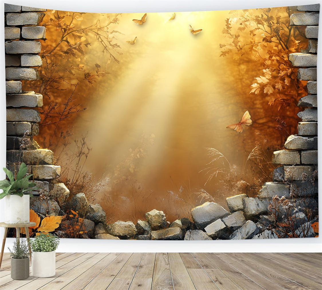 Toile de fond Automne Scène de Papillons sur Mur de Brique CSH6-136