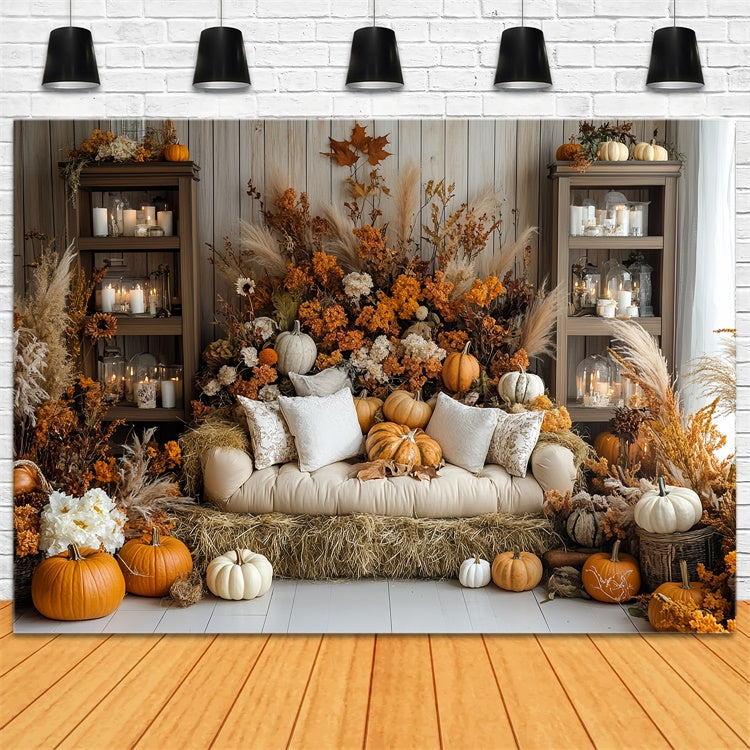 Toile de fond Photo Automne Meule de Foin et Havre de Citrouilles CSH6-181