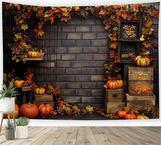 Toile de fond Déco Automne Feuilles et Mur de Briques Rustique CSH6-182