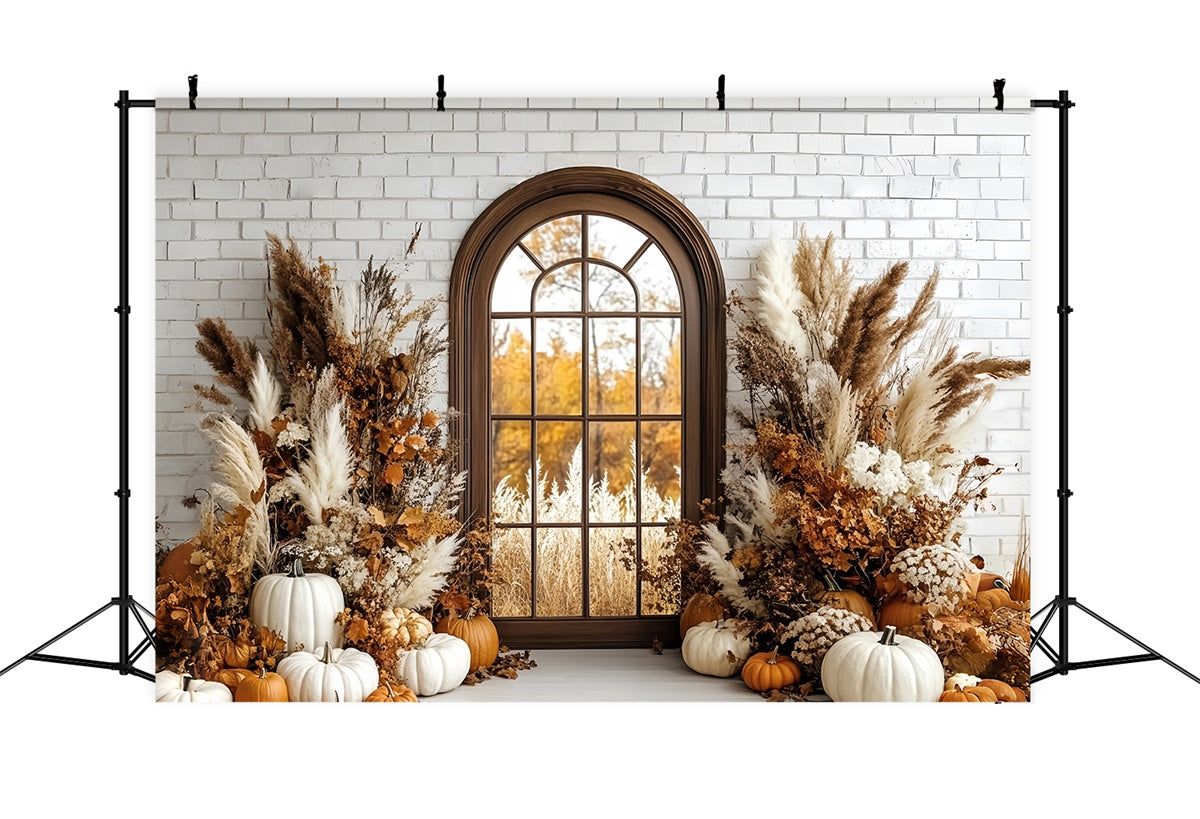 Toile de fond Photo Automne Véranda Citrouille et Mur en Brique Bohème CSH6-184