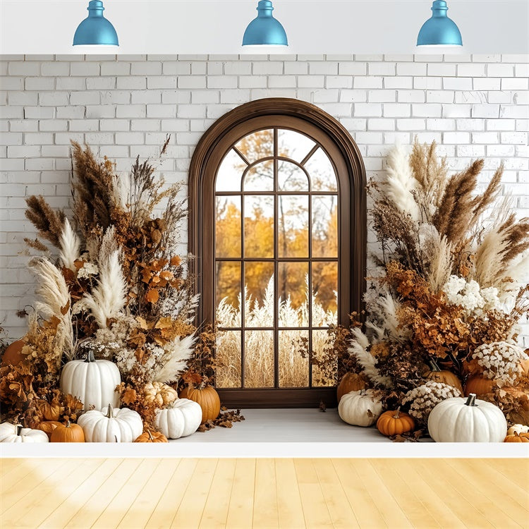 Toile de fond Photo Automne Véranda Citrouille et Mur en Brique Bohème CSH6-184