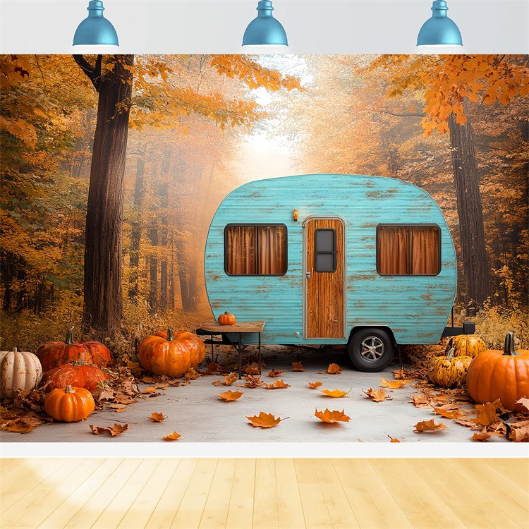 Toile de fond Photo Automne Forêt de Citrouilles et Camping-Car CSH6-200