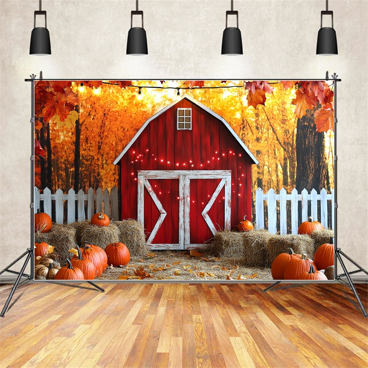 Toile de fond Photo Automne Grange Rouge et Clôture Blanche CSH6-203