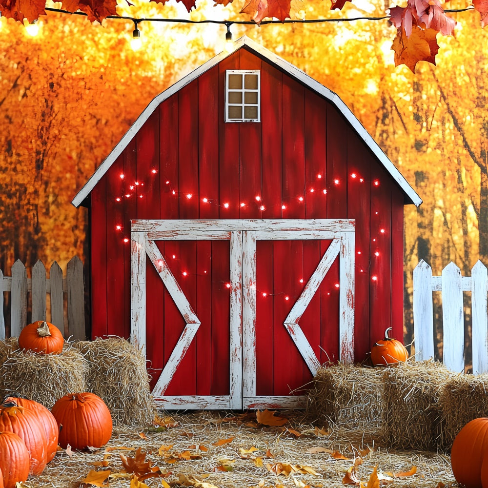Toile de fond Photo Automne Grange Rouge et Clôture Blanche CSH6-203
