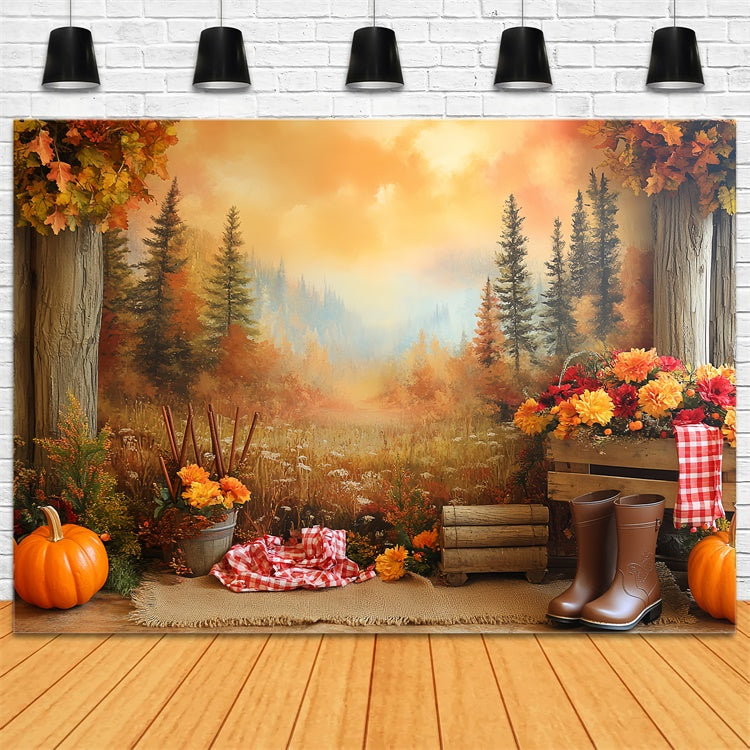 Toile de fond Automne Vue Montagneuse et Citrouilles CSH6-205