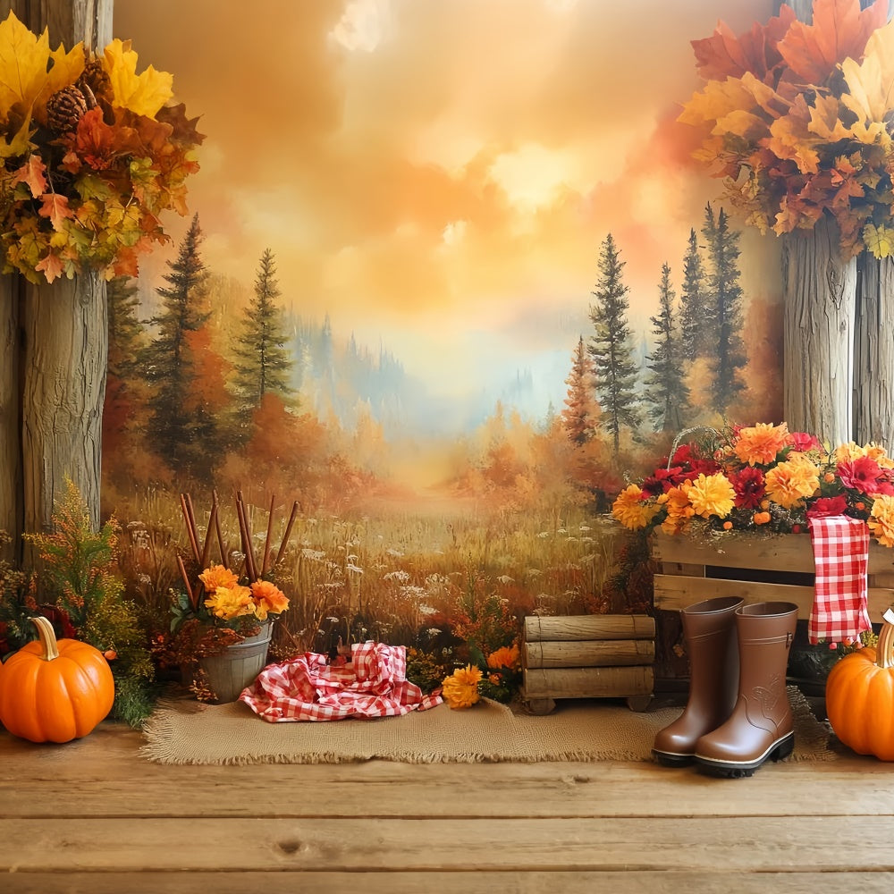 Toile de fond Automne Vue Montagneuse et Citrouilles CSH6-205