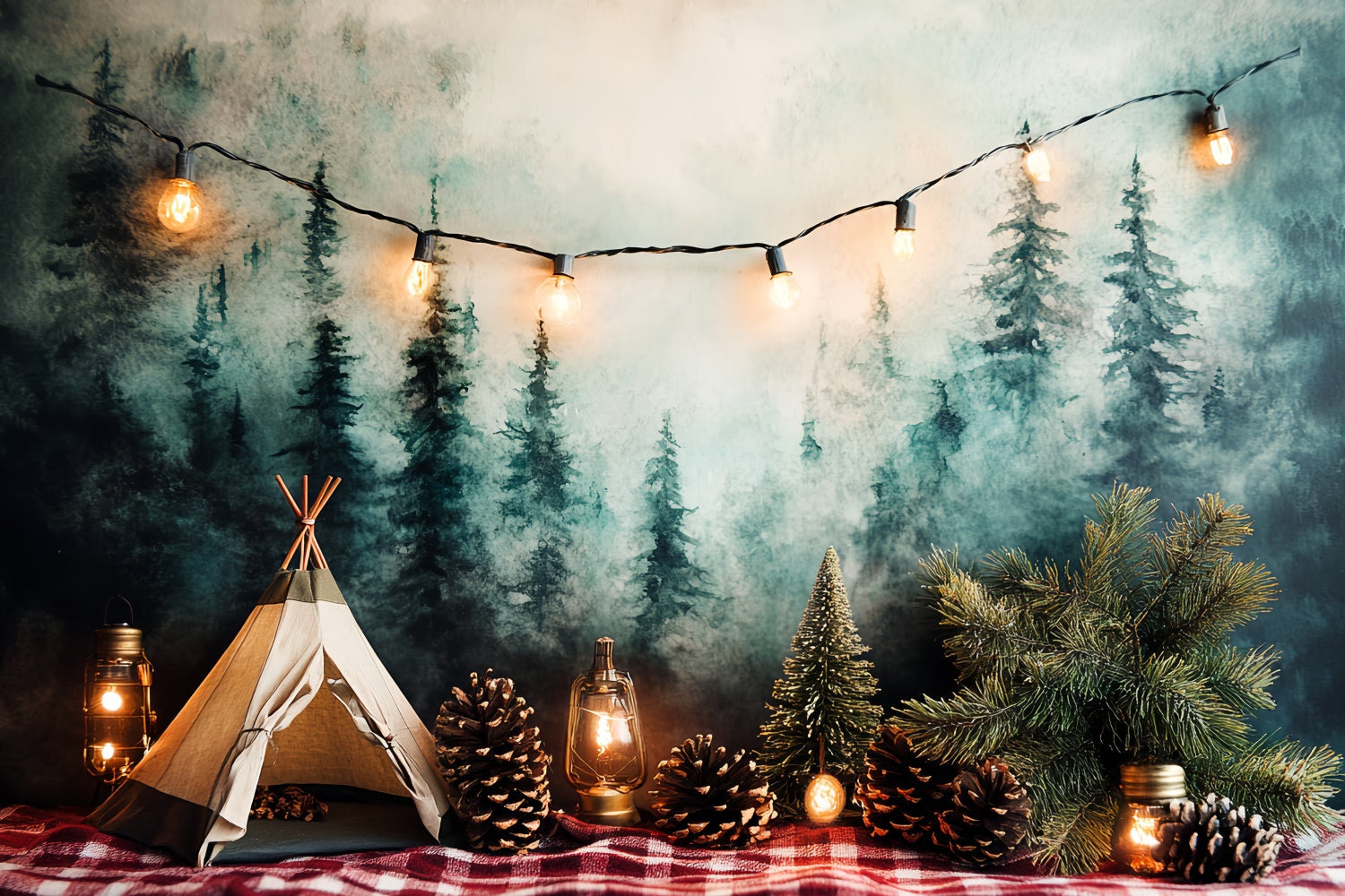 Toile de fond Cake Smash Tente Forêtière et Guirlandes Féeriques CSH6-291