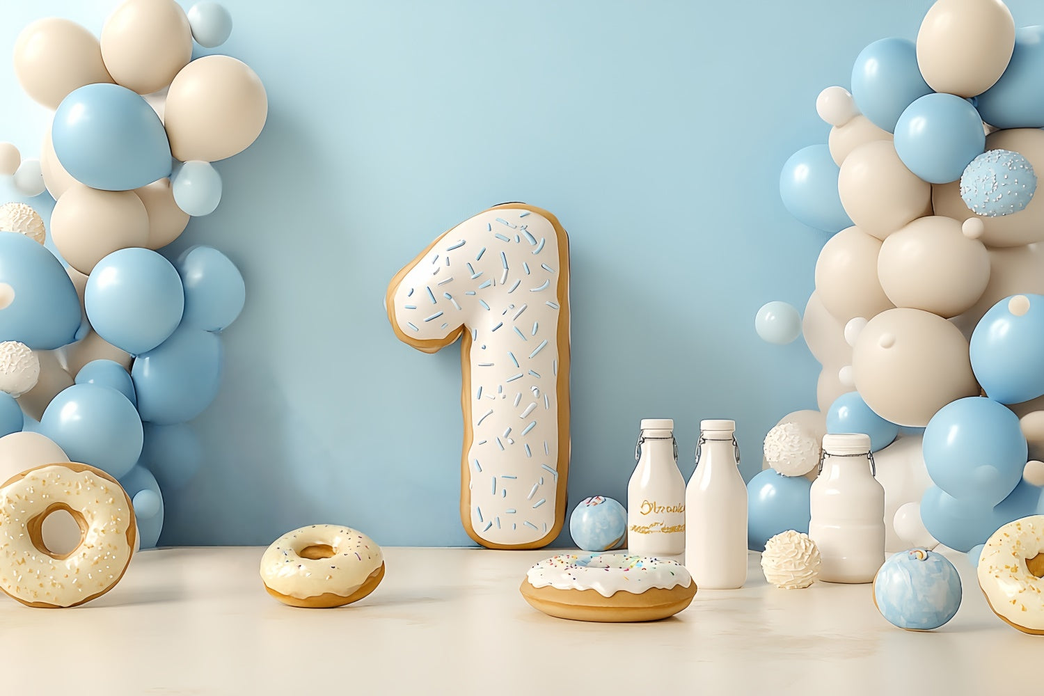 Toile de fond Photo Anniversaire Bébé Fiesta Ballons Bleu Crème CSH6-319