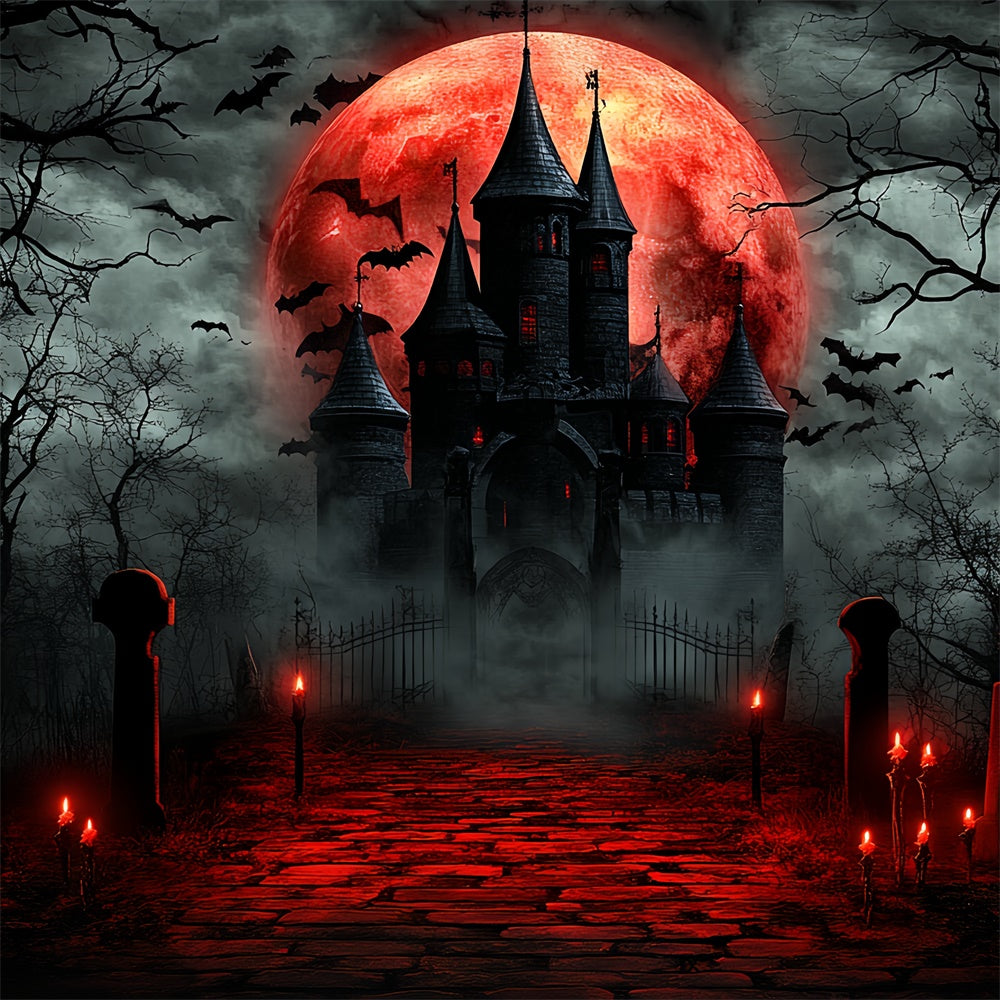Toile de fond Halloween Lune Lune de Sang Château Hanté CSH6-66