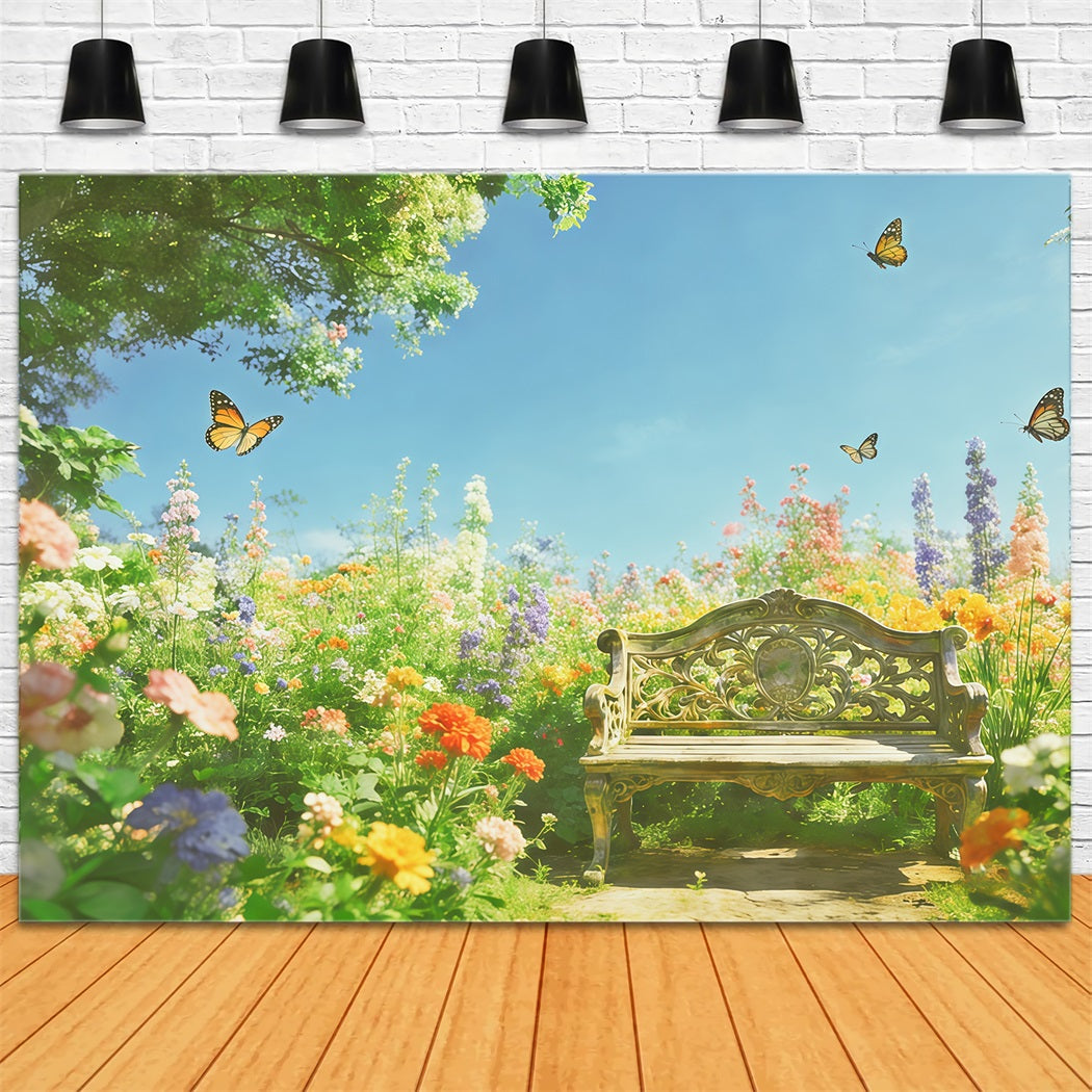 Fond Studio Photo Floral Banc Fleurs Sauvages Baigné De Soleil Papillon CSH61-119