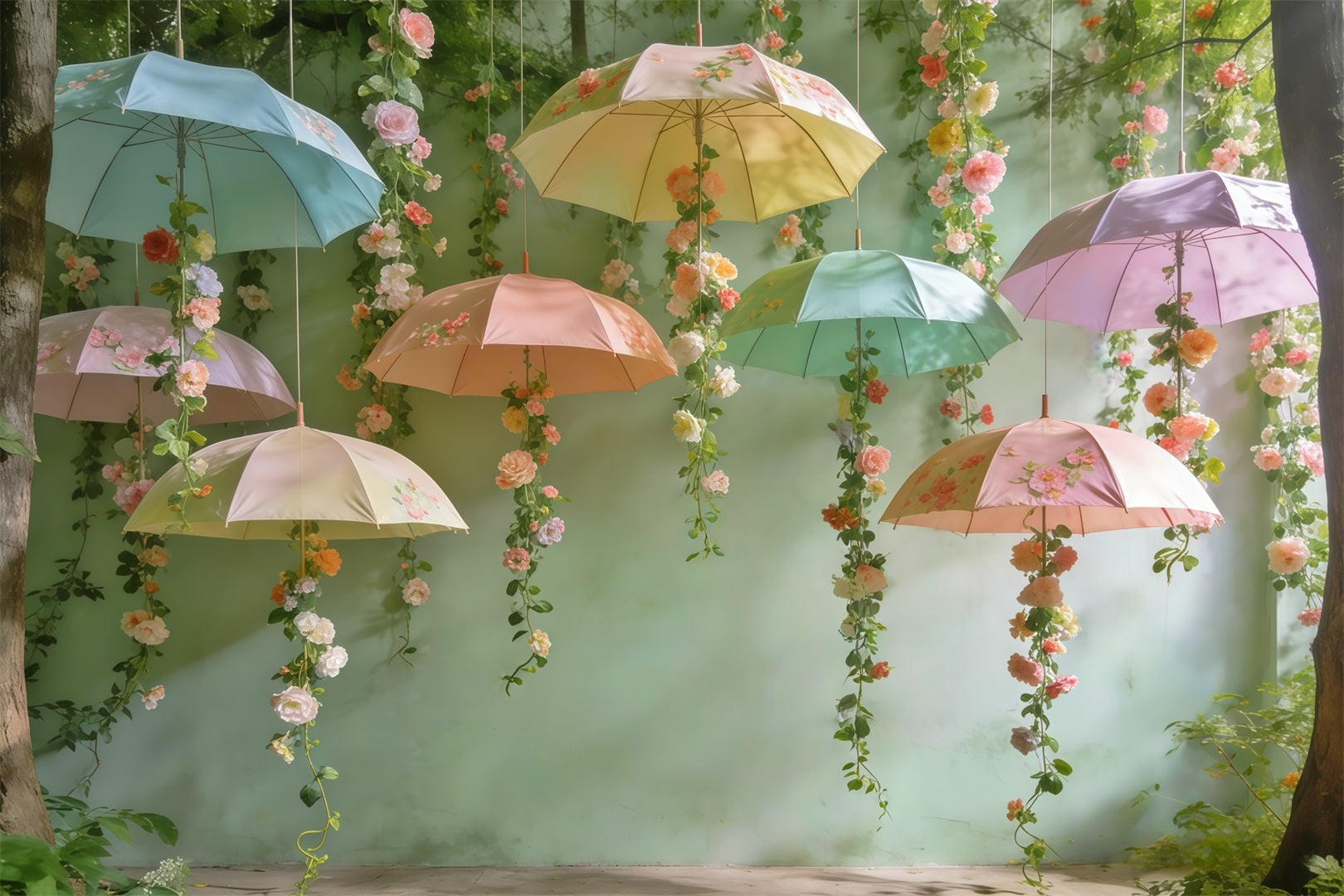 Toile de fond Photo Printemps Canopée Parapluies Suspendus Fleurs CSH61-148