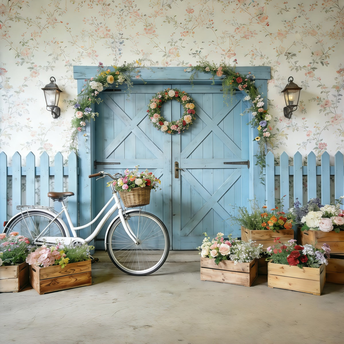 Toile de fond Photo Fleur Porte Grange Bleue Vélo Fleurs CSH61-152