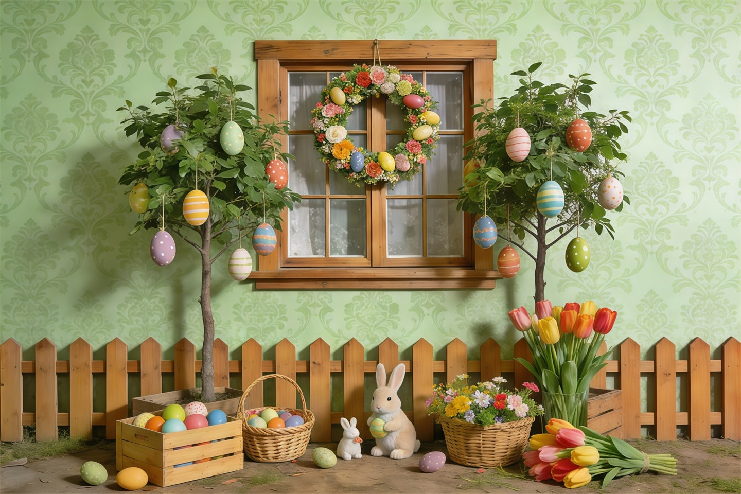 Fond Studio Photo Printemps Fenêtre Jardin Œuf Lapin CSH61-155