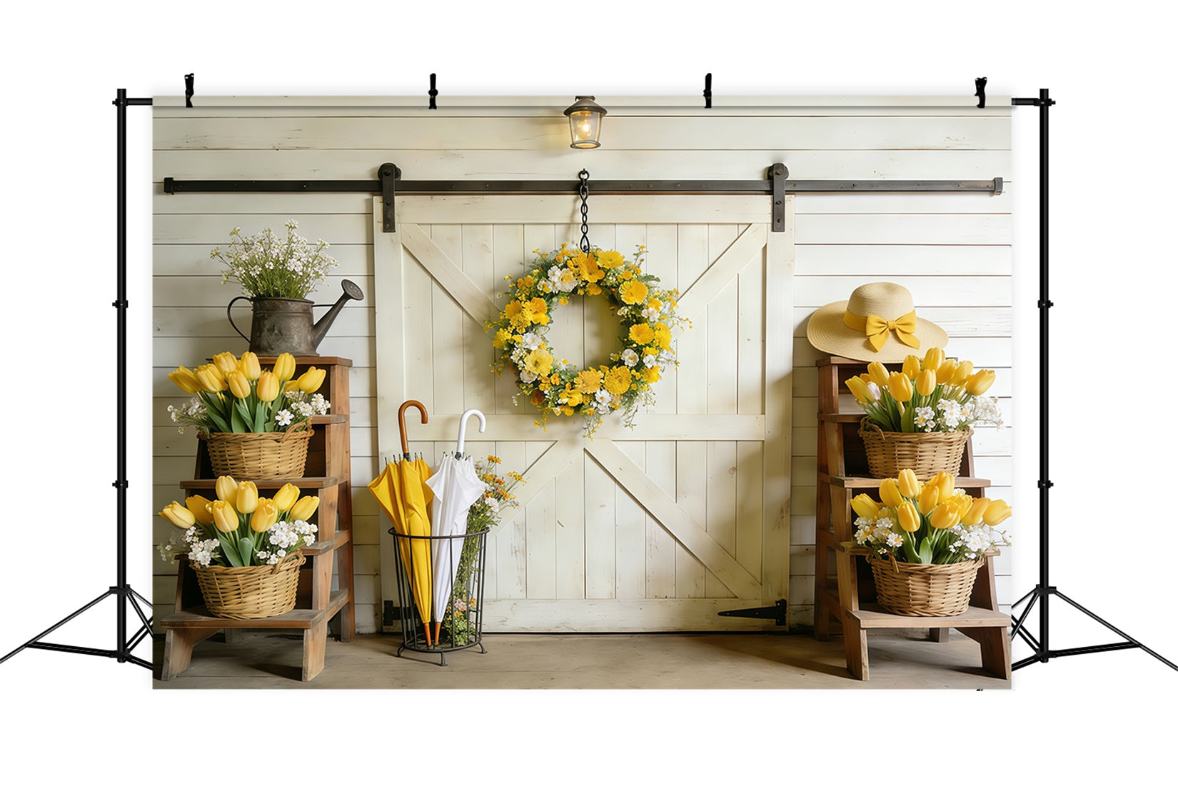 Fond Studio Photo Printemps Porte Grange Tulipees Jaunes CSH61-163