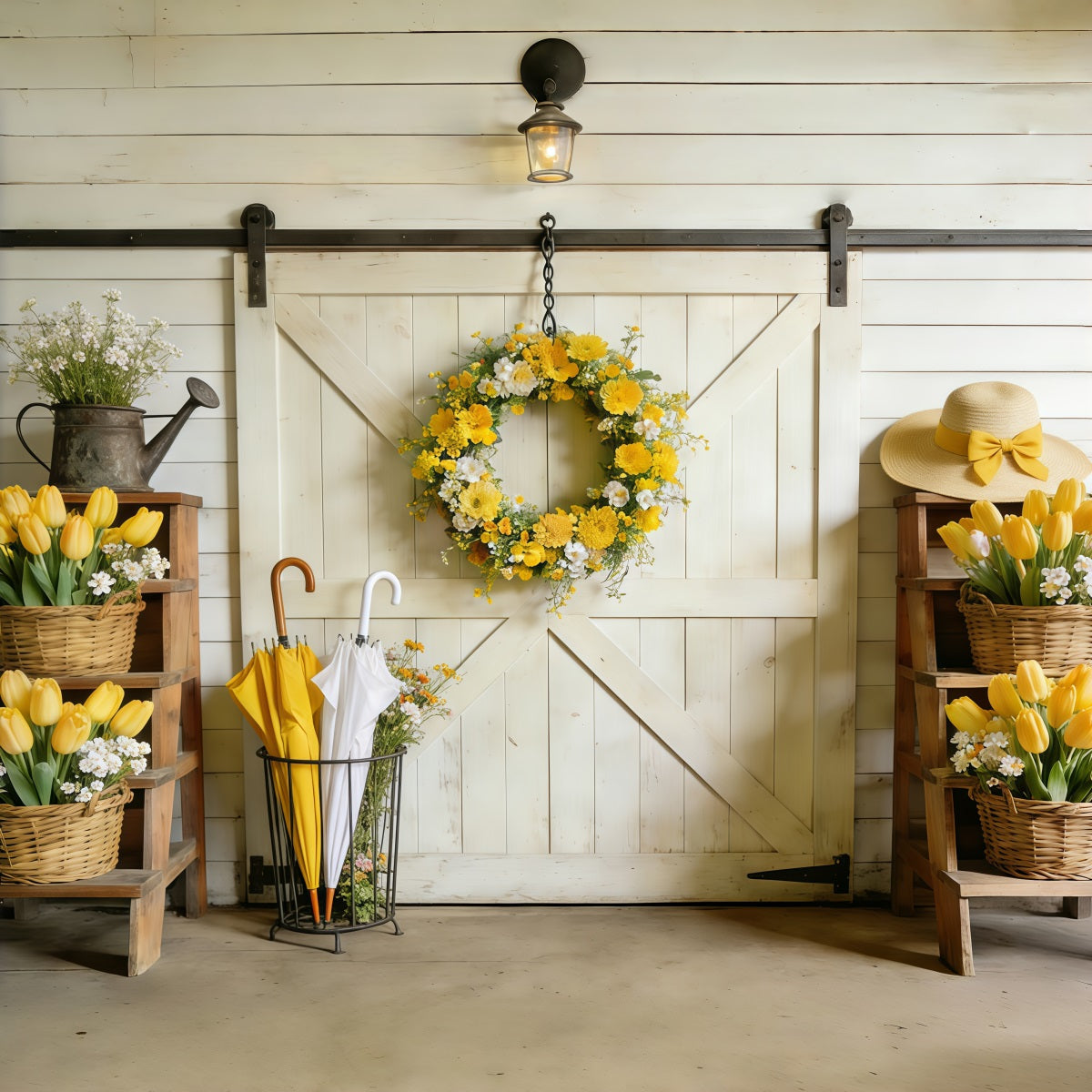 Fond Studio Photo Printemps Porte Grange Tulipees Jaunes CSH61-163