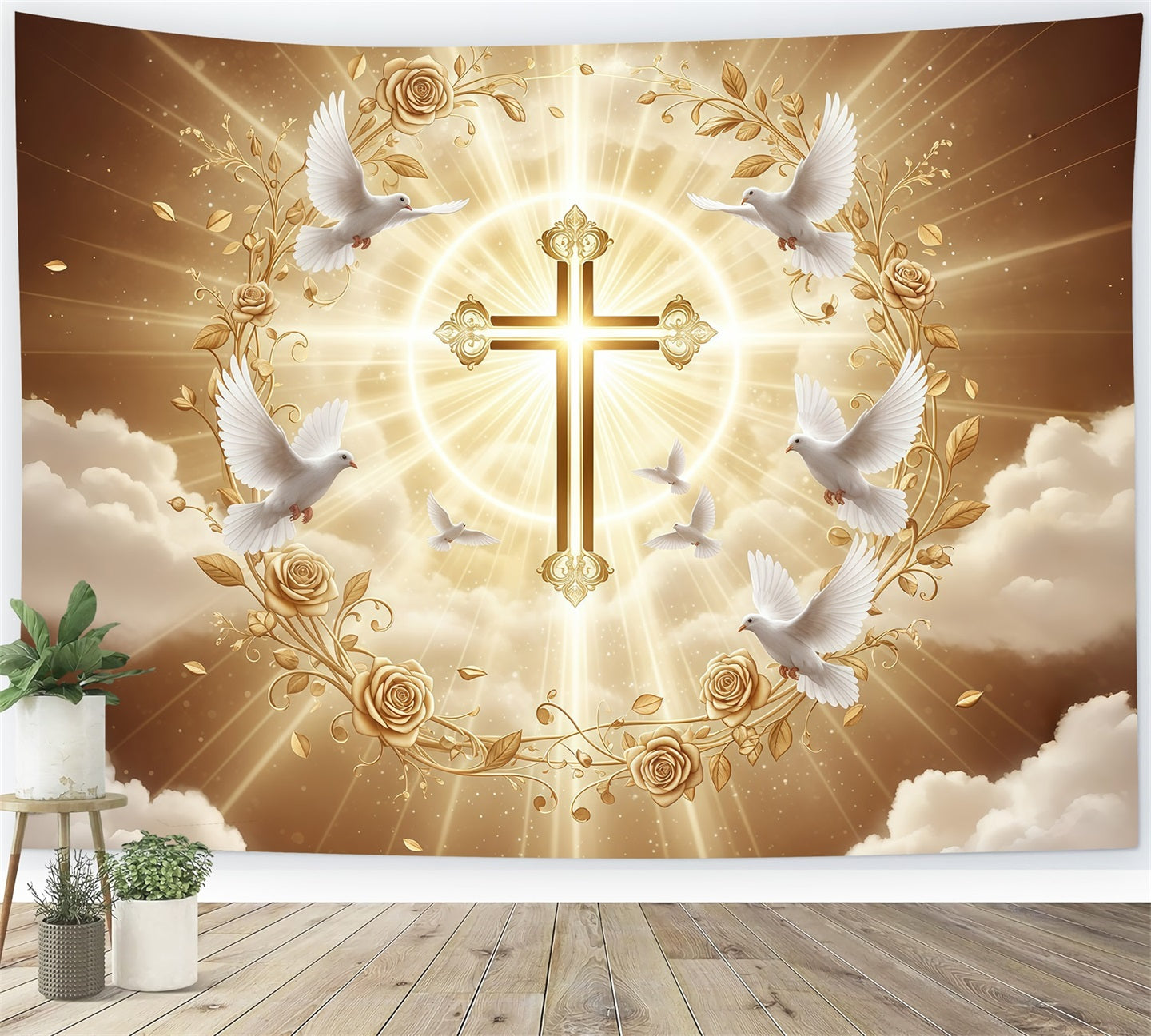 Toile de fond Pâques Croix Radiance Dorée Oiseaux Chanteurs CSH61-18