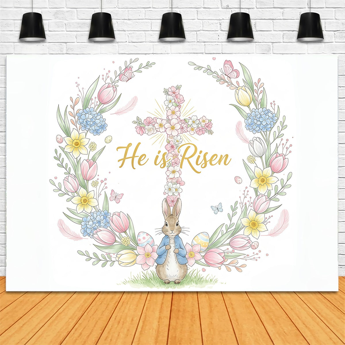 Toile de fond Pâques Croix Florale Couronne Lapin CSH61-2