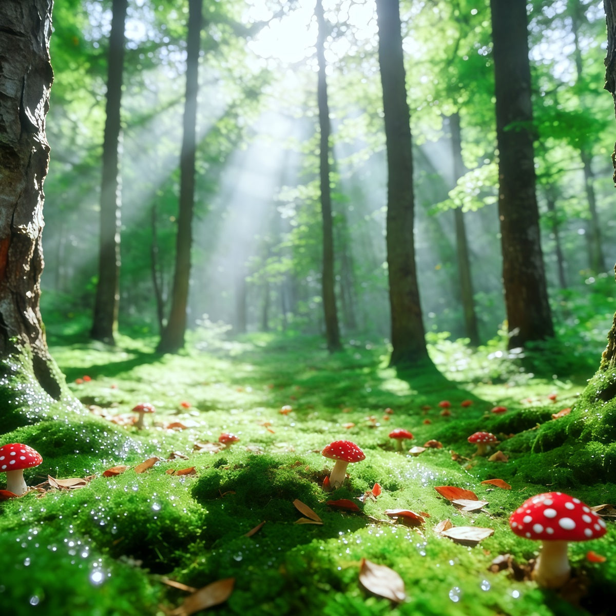 Fond Photo Forêt Boisée Clairière Mousse Champignons Rayon De Soleil CSH61-201