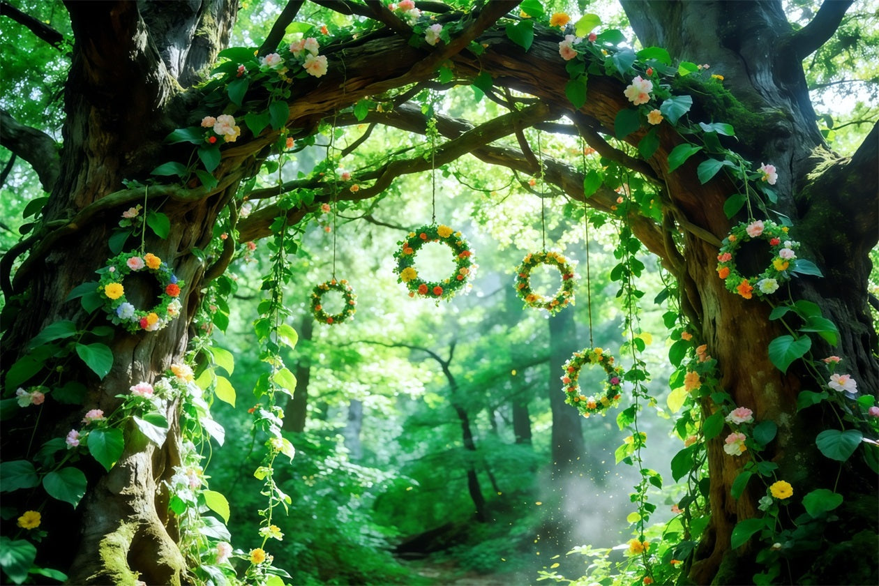 Toile de Fond Forêt Verte Arche D’Arbres Lianes Florales CSH61-202