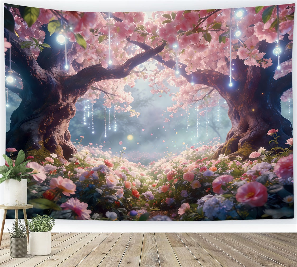 Fond Studio Forêt au Crépuscule Canopée Lumière Fleurs Blush CSH61-206