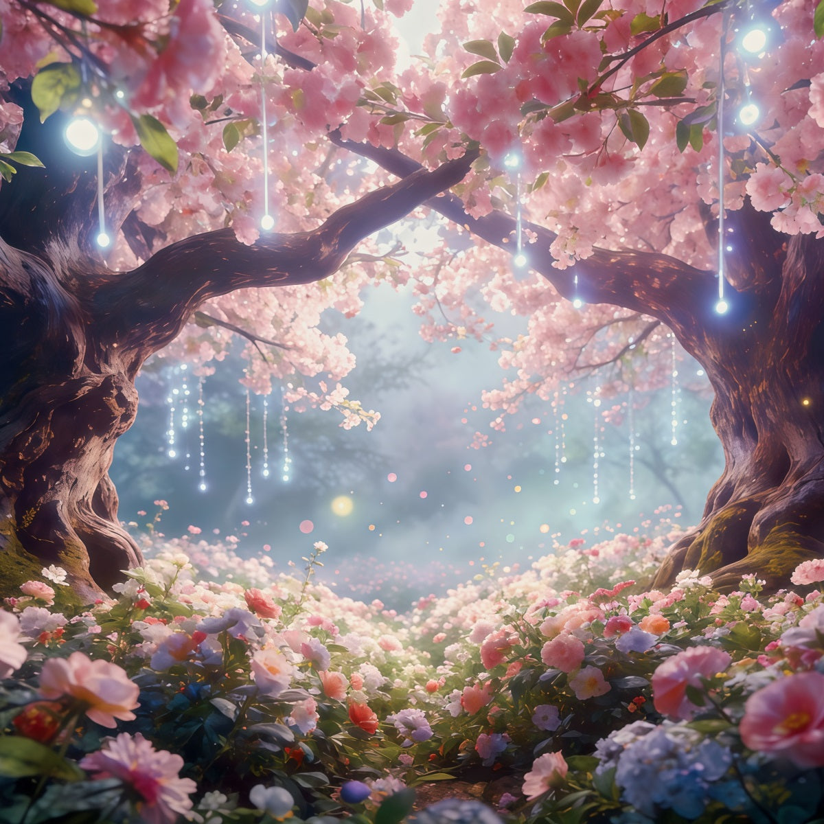 Fond Studio Forêt au Crépuscule Canopée Lumière Fleurs Blush CSH61-206