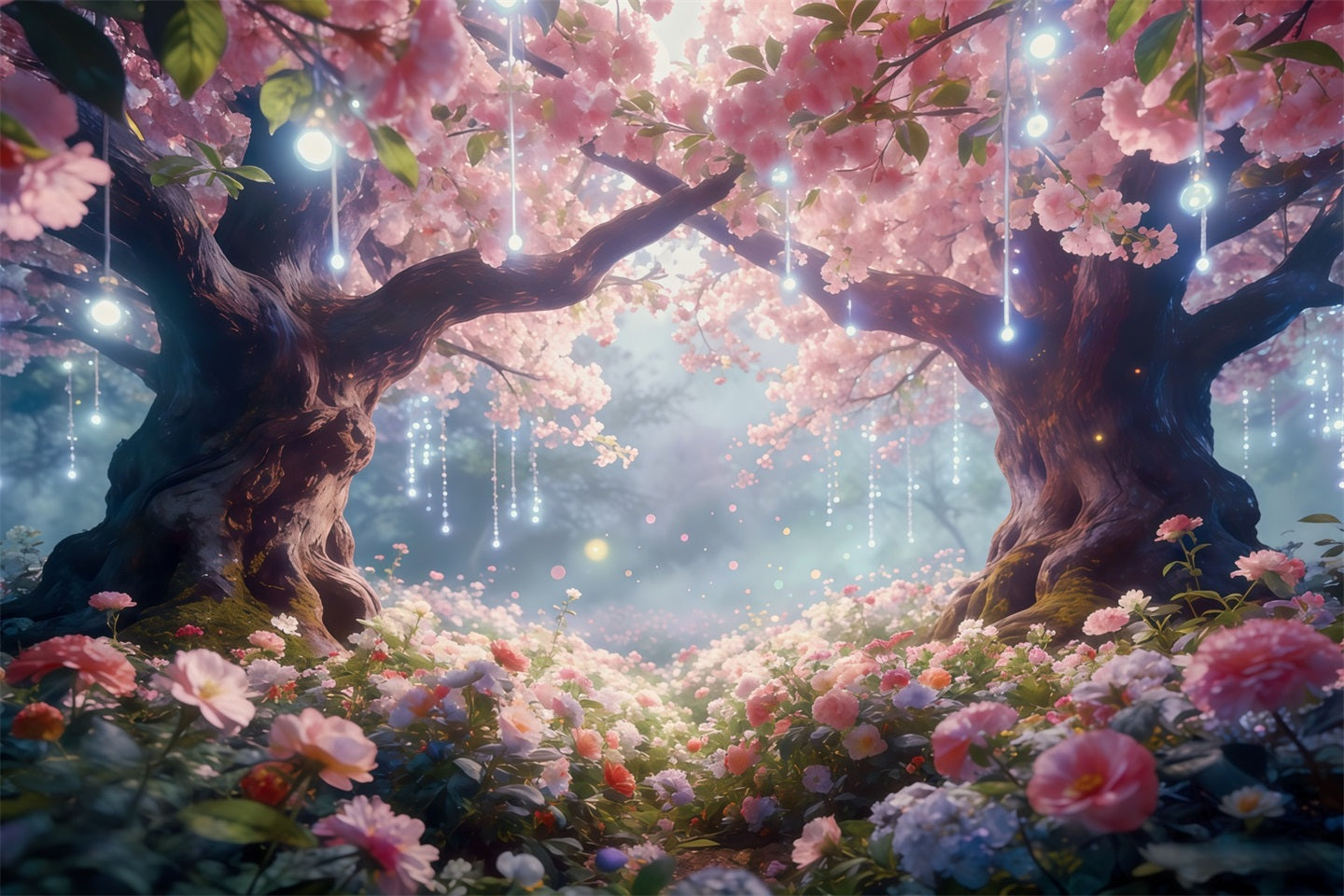 Fond Studio Forêt au Crépuscule Canopée Lumière Fleurs Blush CSH61-206